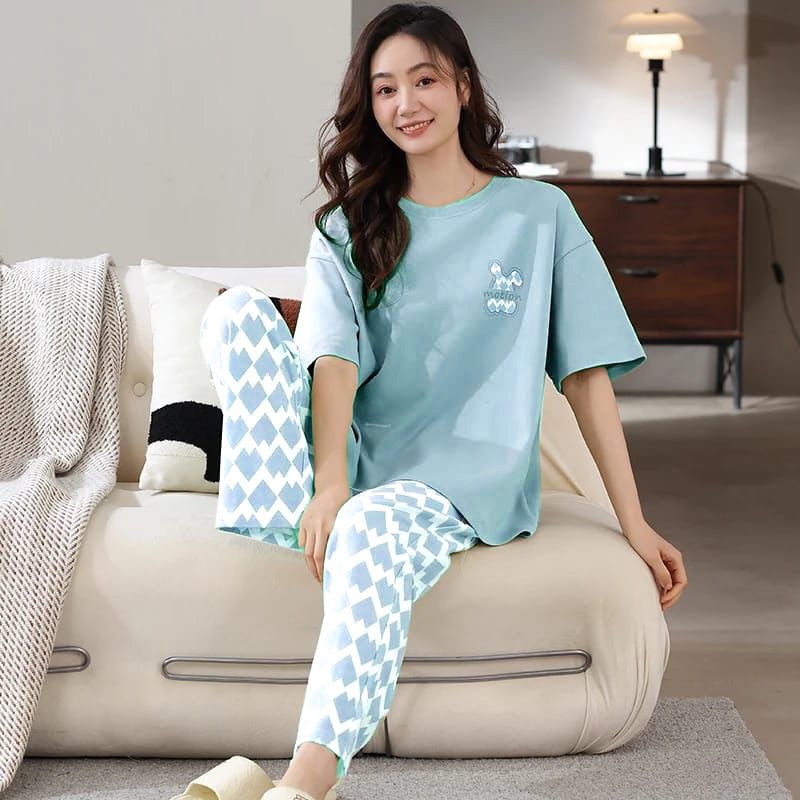 Sky Blue Printed T-shirt and Trouser The Ultimate Dream Wear Sleep Suit (OM-86)