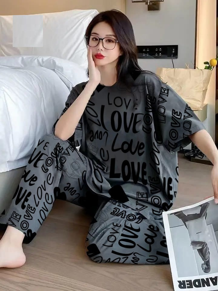 Grey All Over Love Heart Printed The Ultimate Dream Wear Sleep Suit (OM-90)