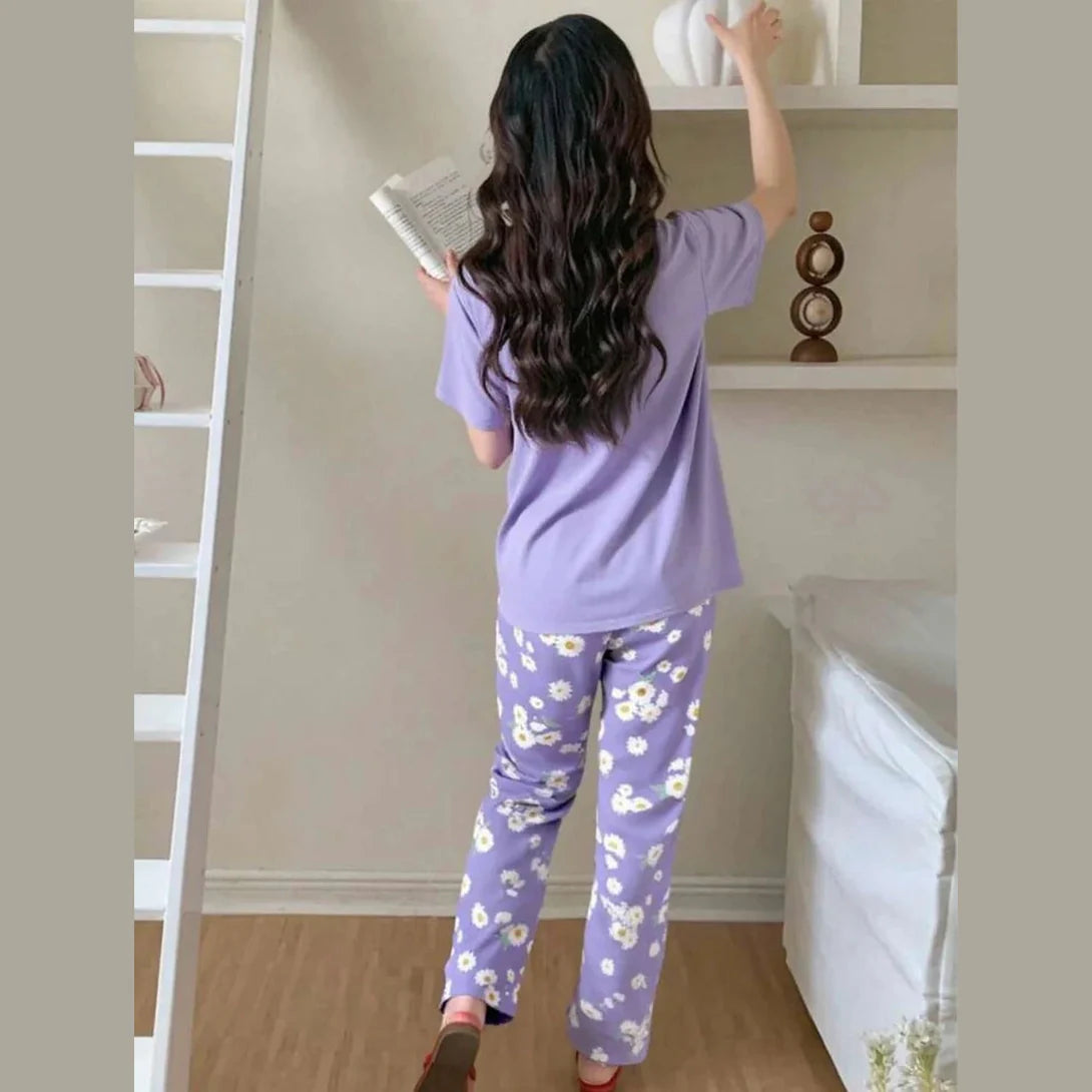 Lilac Sun Flowers Printed Half Sleeves Night Suit The Ultimate Dream Wear Sleep Suit