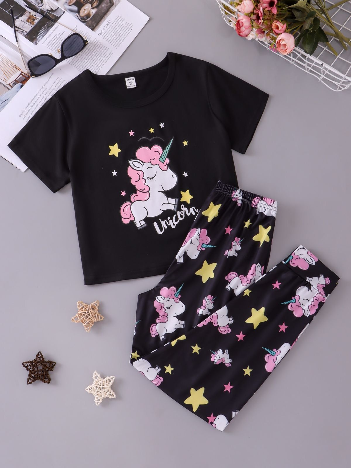Black Unicorn Stars Printed Half Sleeves Tshirt with Trouser The Ultimate Kids Sleep Suit (OM-379)