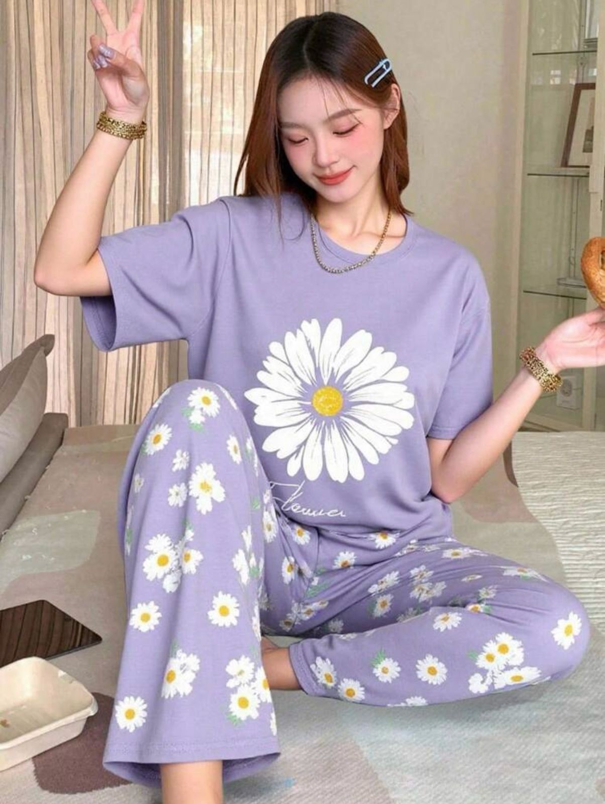 Lilac Sun Flowers Printed Half Sleeves Night Suit The Ultimate Dream Wear Sleep Suit (OM-128)