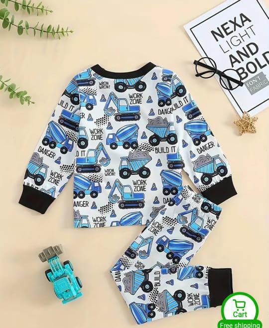 White and Blue Big Truck Printed The Ultimate Kids Sleep Suit (OM-360)