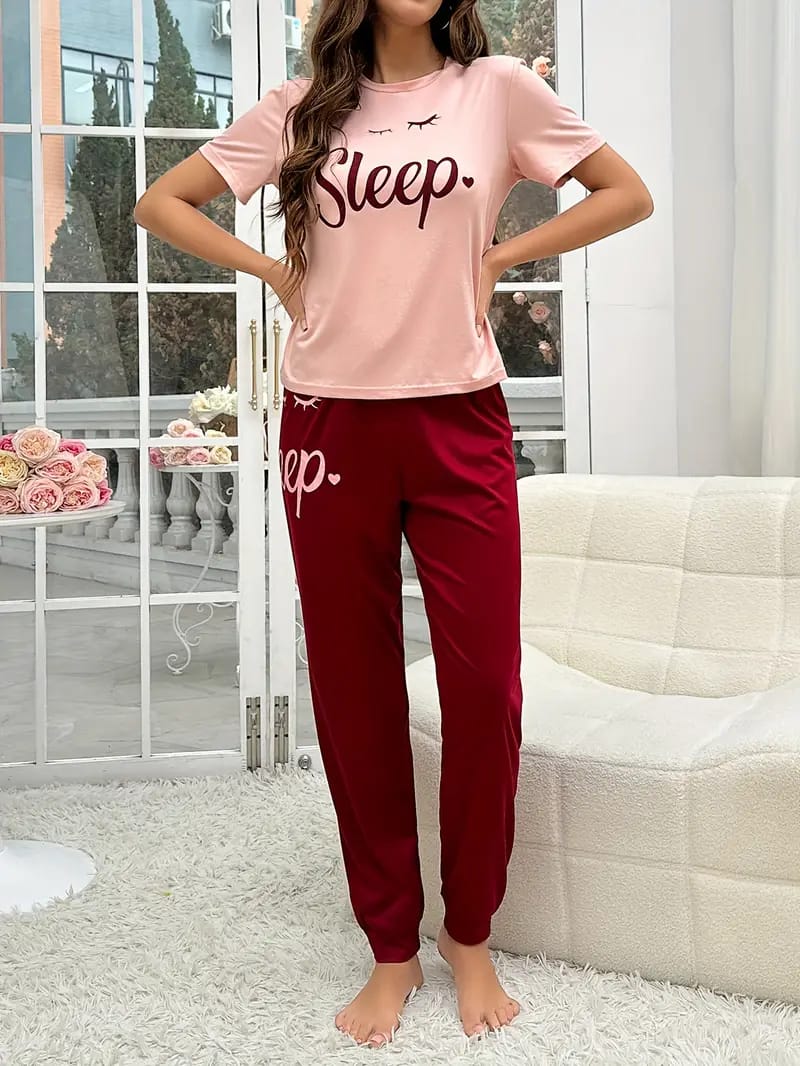 Pink Sleep Printed Tshirt with Maroon Trouser The Ultimate Dream Wear Sleep Suit (OM-89)