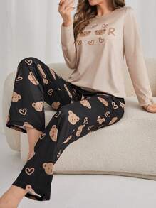Light Brown Bears Printed  Full Sleeves with Black Trouser  The Ultimate Dream Wear Sleep Suit (OM-105)