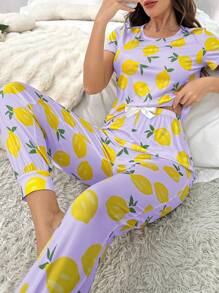 Lilac Lemon Printed Half Sleeves The Ultimate Dream Wear Sleep Suit (OM-106)