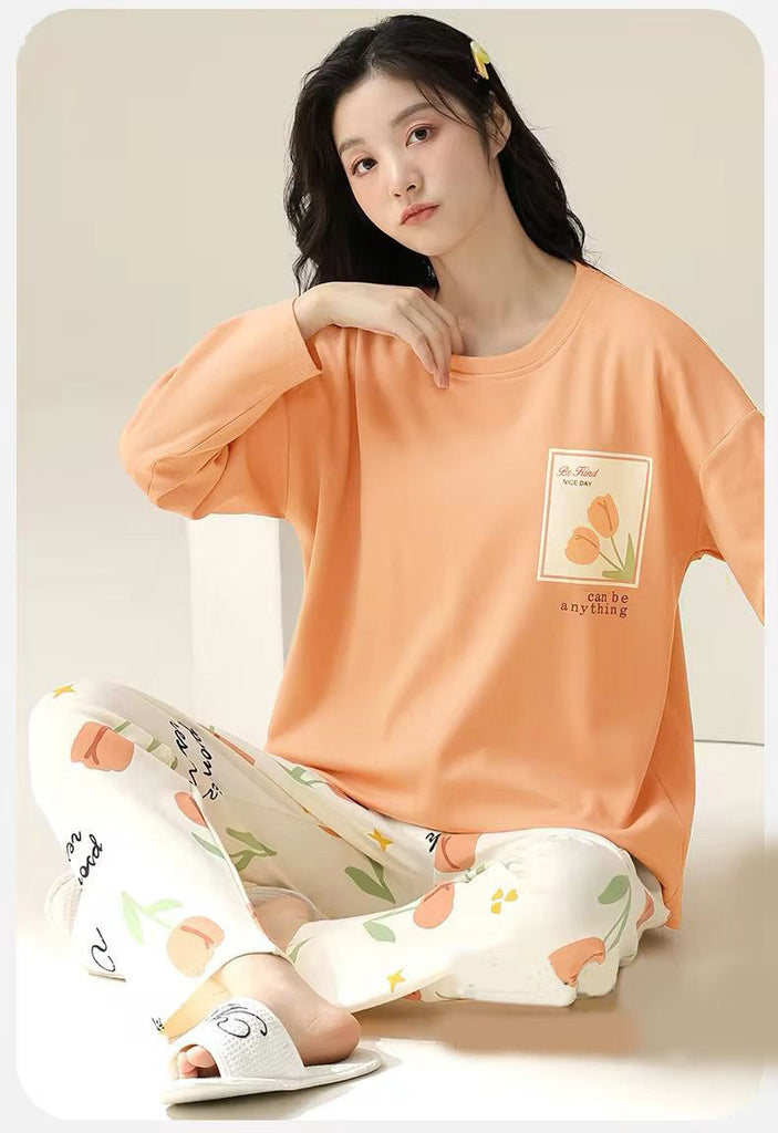 Orange Pocket Flower Printed  Full Sleeves The Ultimate Dream Wear Sleep Suit (OM-100)