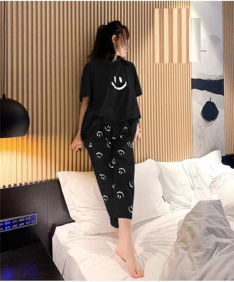 Black Smile Half Sleeves Printed The Ultimate Dream Wear Sleep Suit (OM-82)