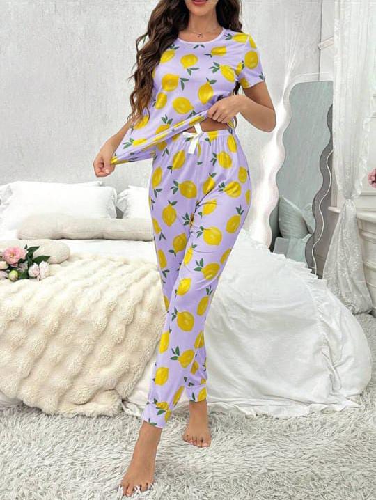 Lilac Lemon Printed Half Sleeves The Ultimate Dream Wear Sleep Suit (OM-106)