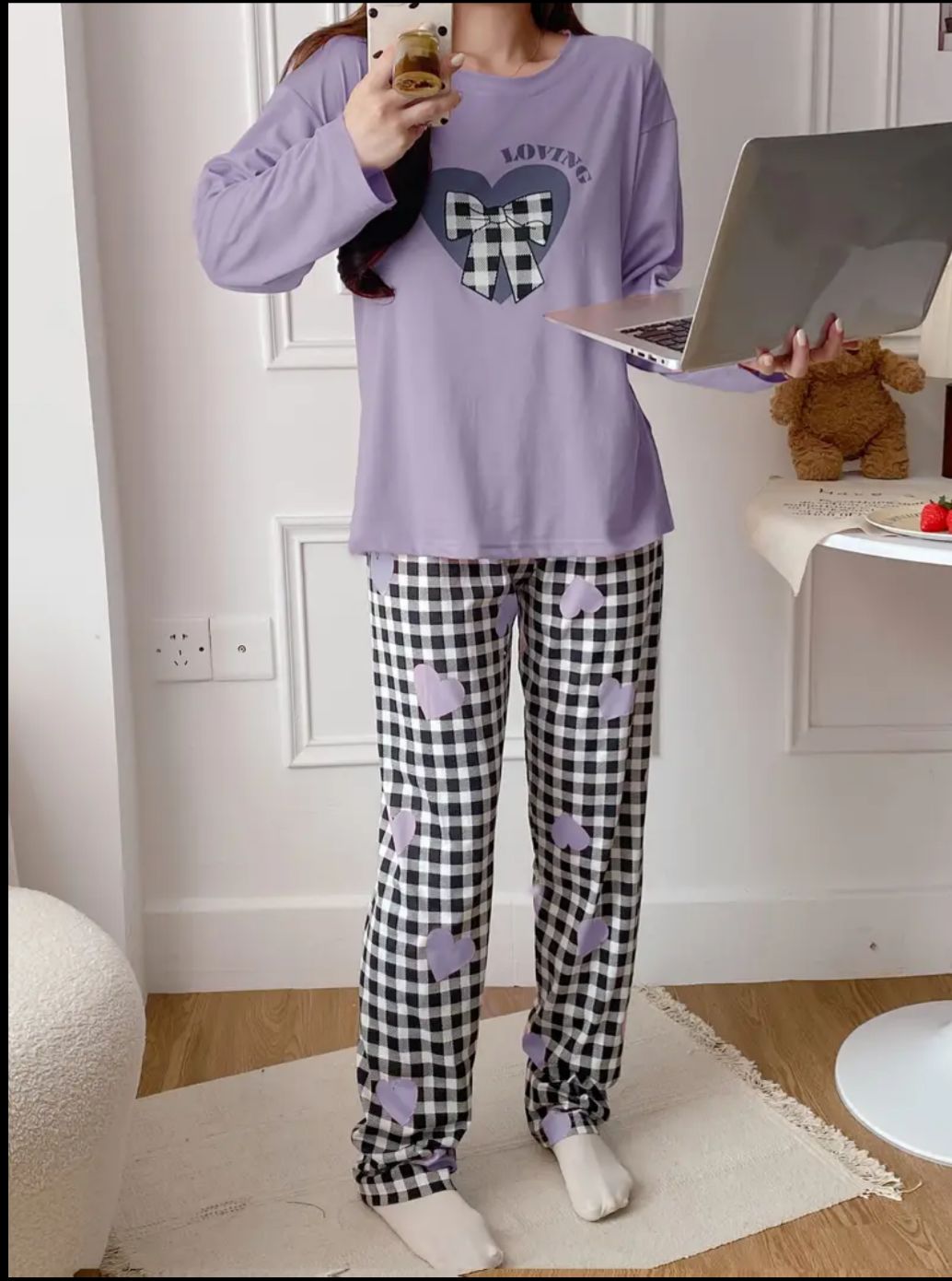 Lilac Loving with Check Ribbon Printed Full Sleeves PJ The Ultimate Dream Wear Sleep Suit (OM-151)