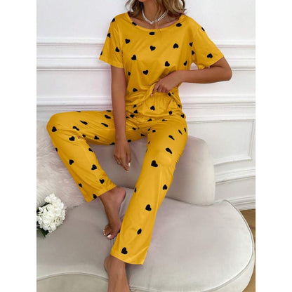Purple With Black Hearts Print Half Sleeves T-shirt With Hearts Printed Trouser Suit