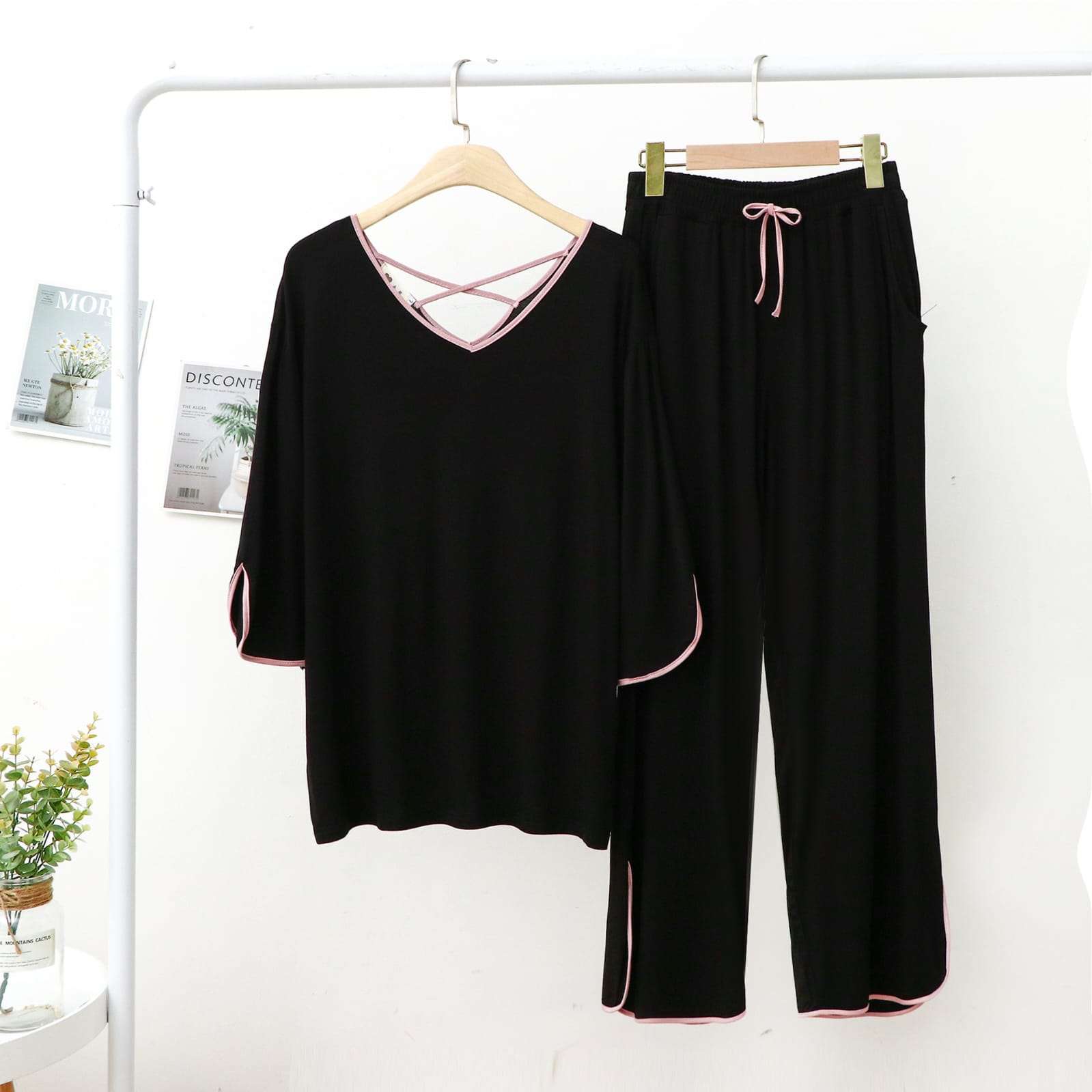 Plain Black with Pink Lace V Neck with Palazzo Pajama Full Sleeves Night Suit