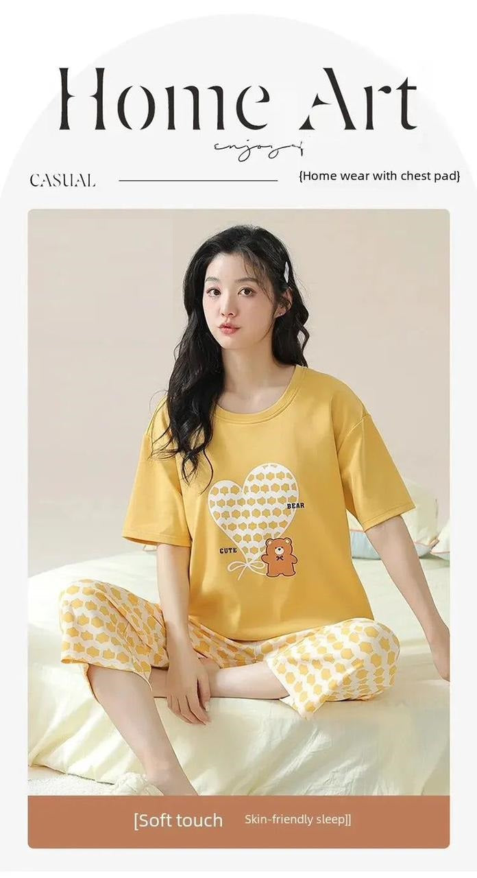 Yellow Bear Heart Printed The Ultimate Dream Wear Sleep Suit (OM-71)