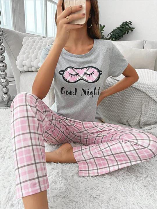Grey good night Half Sleeves with pink check trouser The Ultimate Dream Wear Sleep Suit (OM-112)