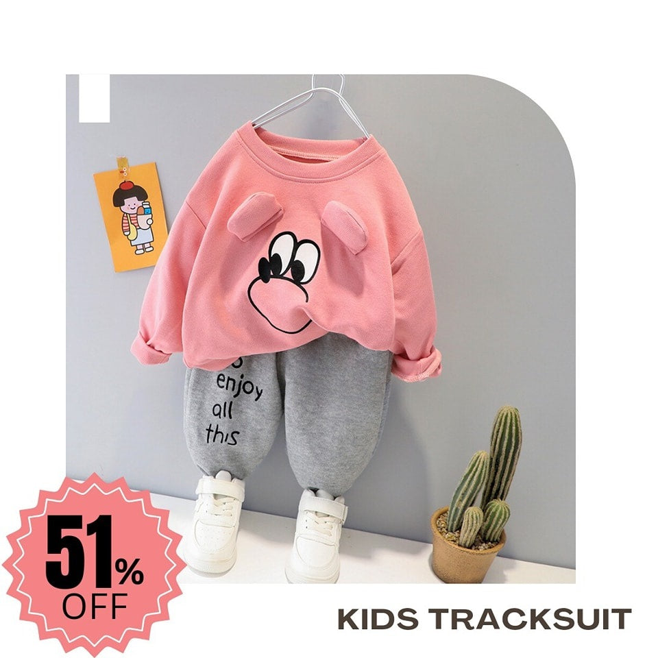 Pink Mickey Print Sweatshirt With Trouser Tracksuit For Kids (OM-606)