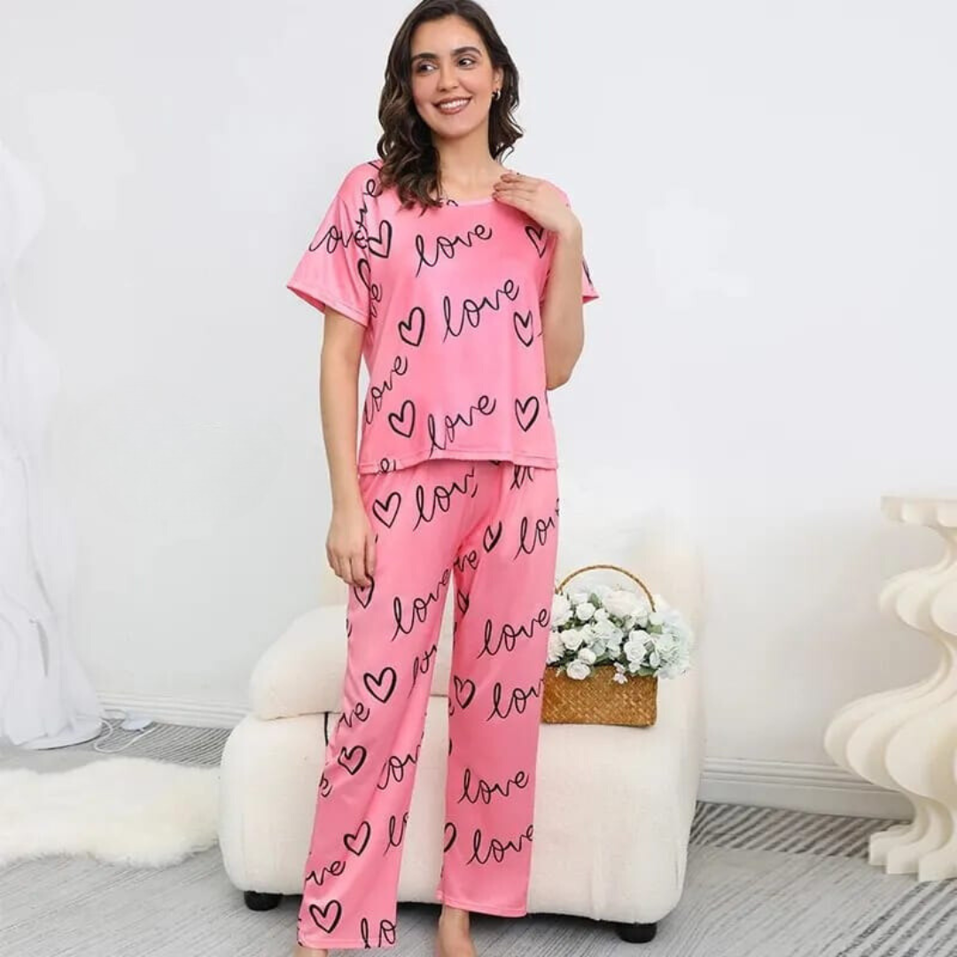 New Pink Love Print Half Sleeves T-shirt With Printed Trouser Suit (SP-47)