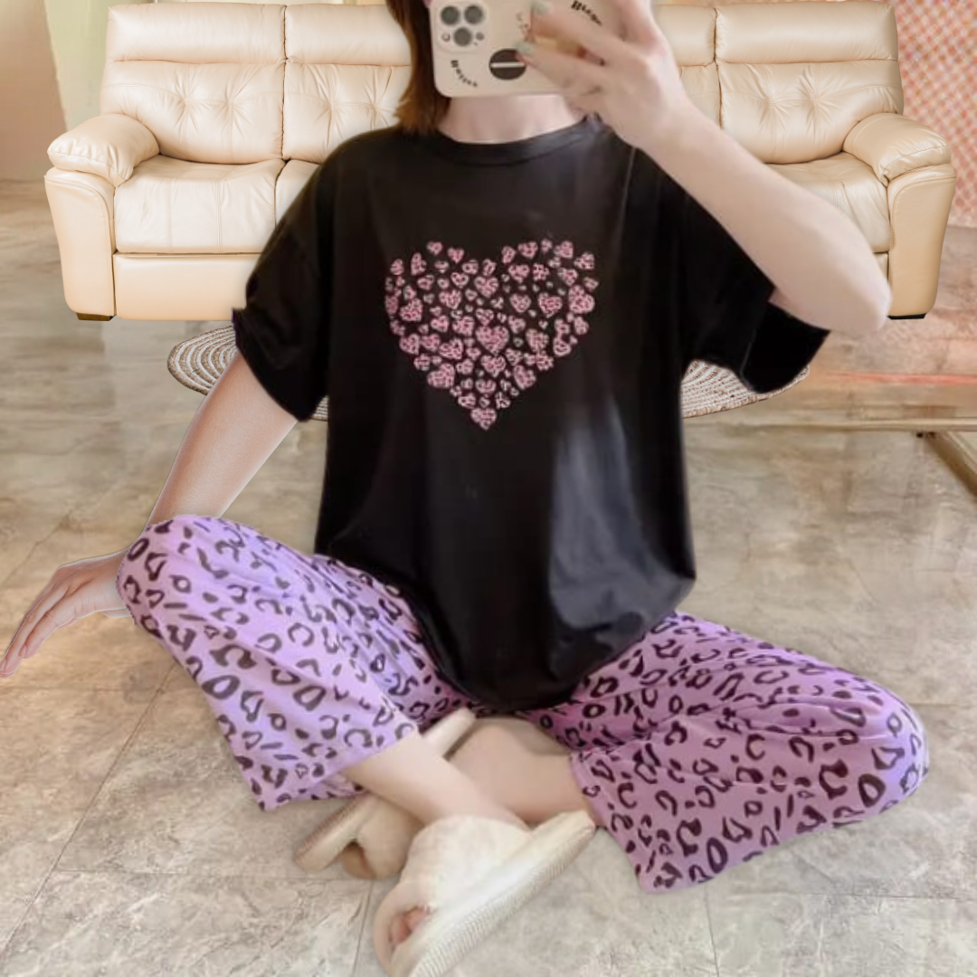 Black Heart Printed Half Sleeves T-shirt With Check Printed Trouser Suit (SP-45)