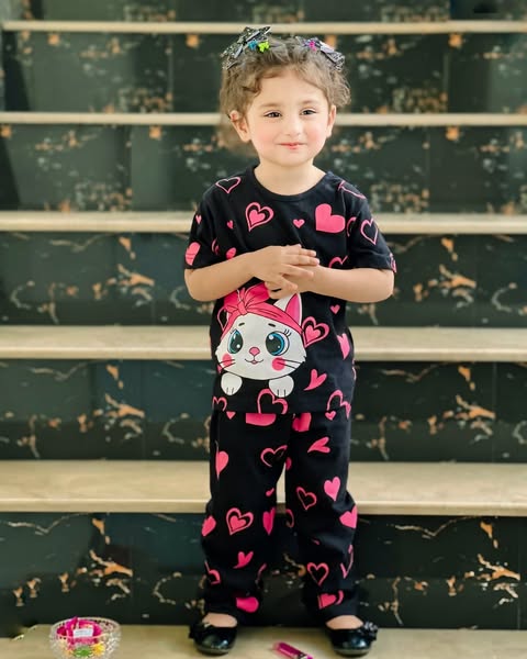Black Kitty With Pink Hearts  Printed The Ultimate Kids Sleep Suit (OM-367)