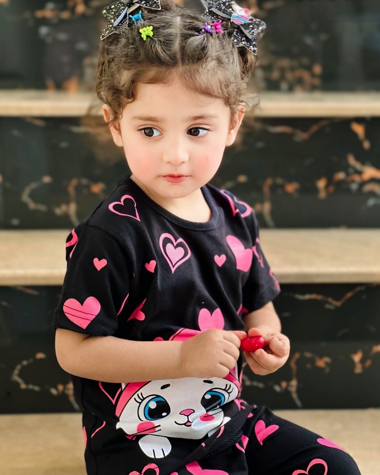 Black Kitty With Pink Hearts  Printed The Ultimate Kids Sleep Suit (OM-367)