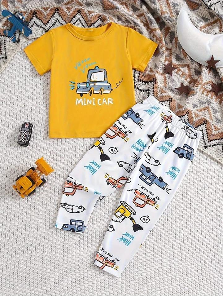 Yellow Mini Car with White Pajama  Printed The Ultimate Kids Sleep Suit (OM-363)