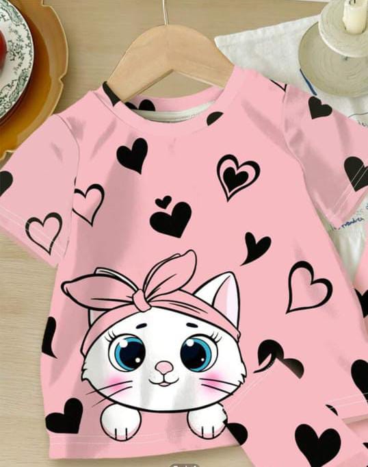 Pink Kitty with Black Hearts Printed The Ultimate Kids Sleep Suit (OM-355)