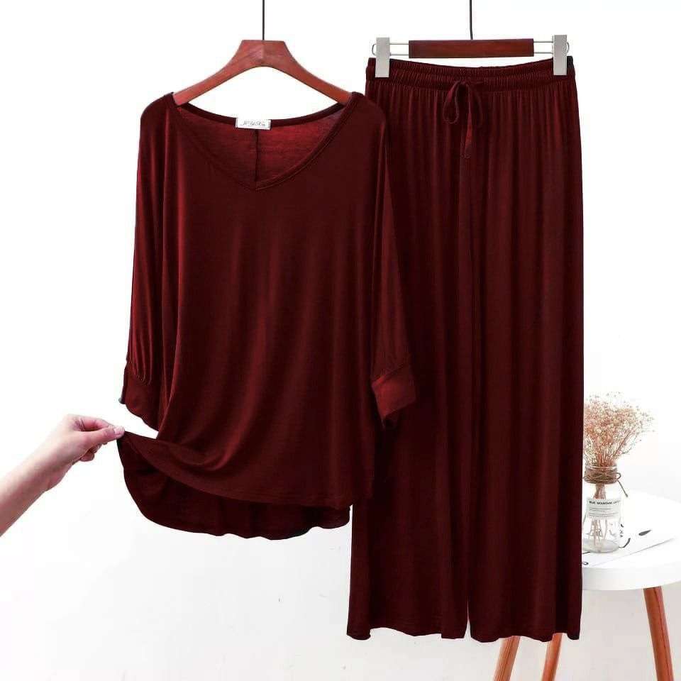 Plain Maroon V Neck with Palazzo Style Pajama Full Sleeves Suit