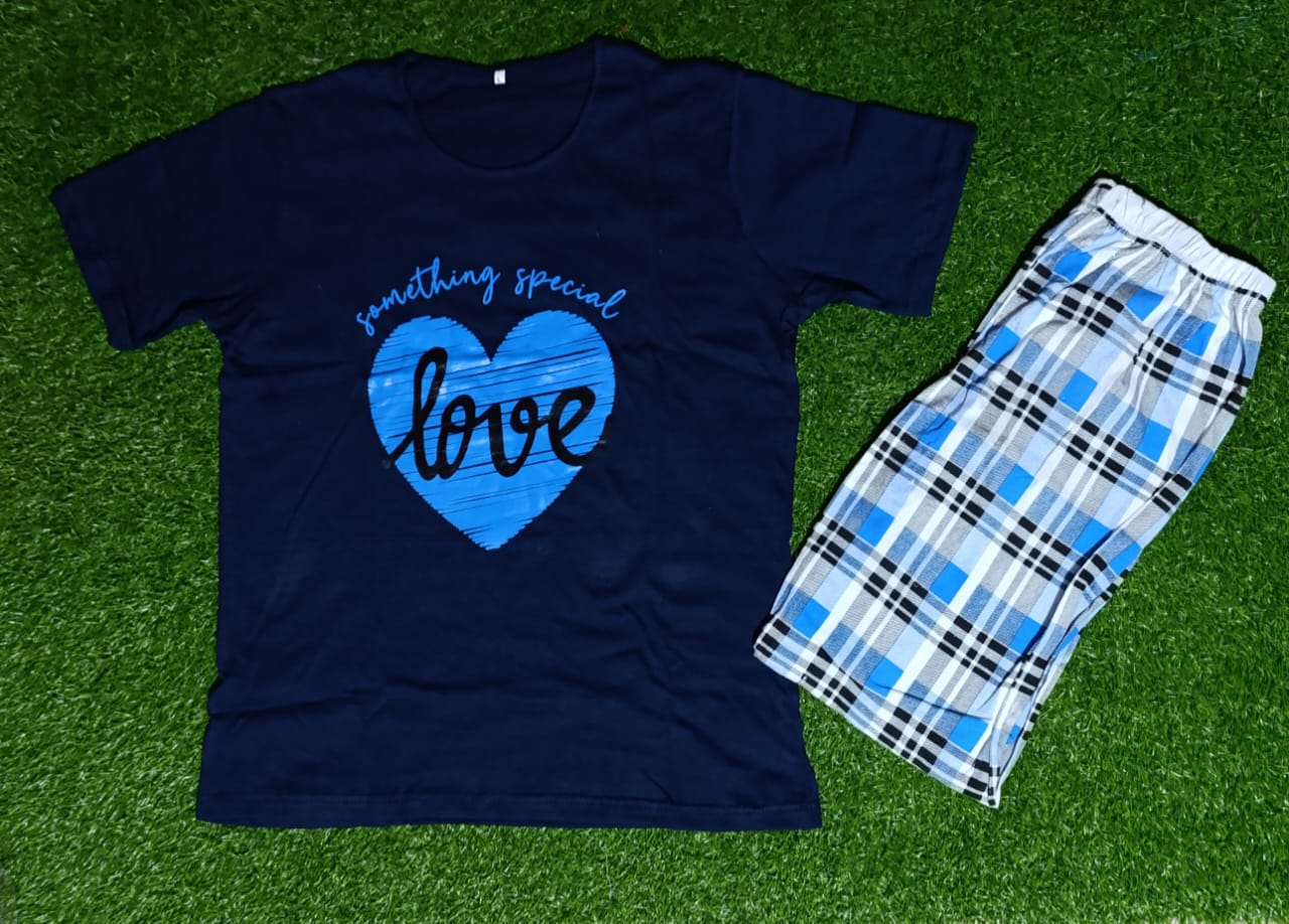 Blue Love Heart With Check Trouser The Ultimate Dream Wear Sleep Suit (OM-79)