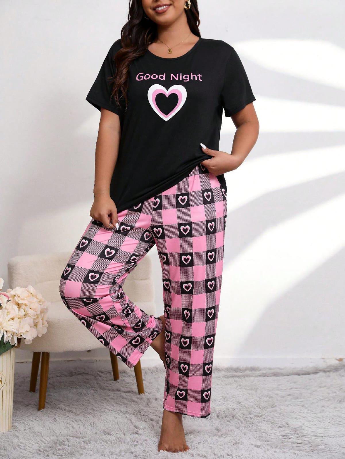 Black Good Night  Print Half Sleeves With Hearts Check Trouser The Ultimate Dream Wear Sleep Suit (OM-108)