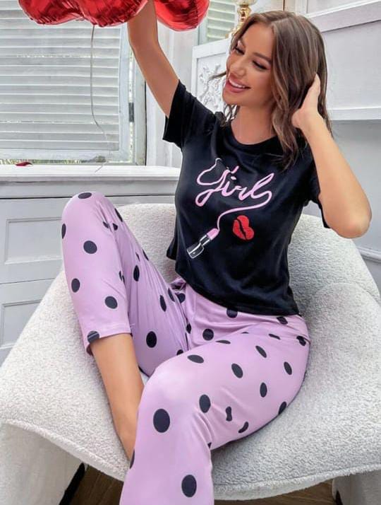 Black Girl Printed with Polkadot Trouser The Ultimate Dream Wear Sleep Suit (OM-109)