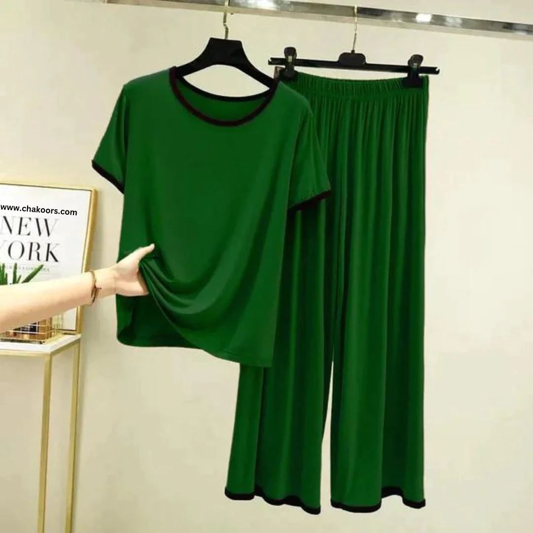 Green With Black Pipin Neck And Sleeves Half Sleeves Suit (OM-118)