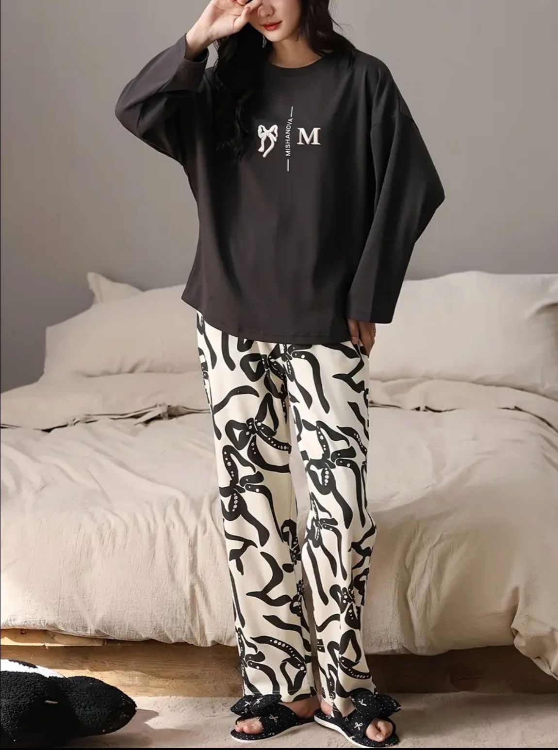 Black Ribbon Printed Full Sleeves Shirt with Off White Printed PJ The Ultimate Dream Wear Sleep Suit (OM-148)