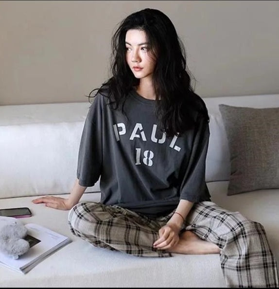 Grey Half Sleeves Paul Printed T-shirt With Check Trouser Suit (OM-51)