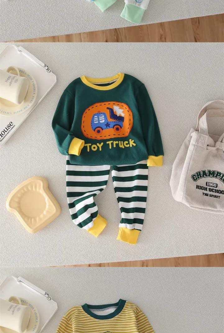 Dark Green Toy Truck Printed The Ultimate Kids Sleep Suit (OM-359)