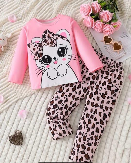 Pink Cute Kitty with Cheetha Pajama Printed The Ultimate Kids Sleep Suit (OM-357)