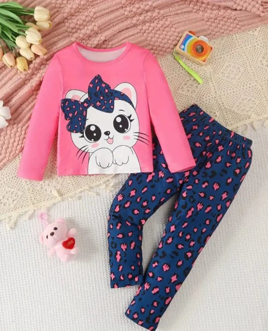 Shocking Pink Cute Kitty with Cheetha Pajama Printed The Ultimate Kids Sleep Suit (OM-375)