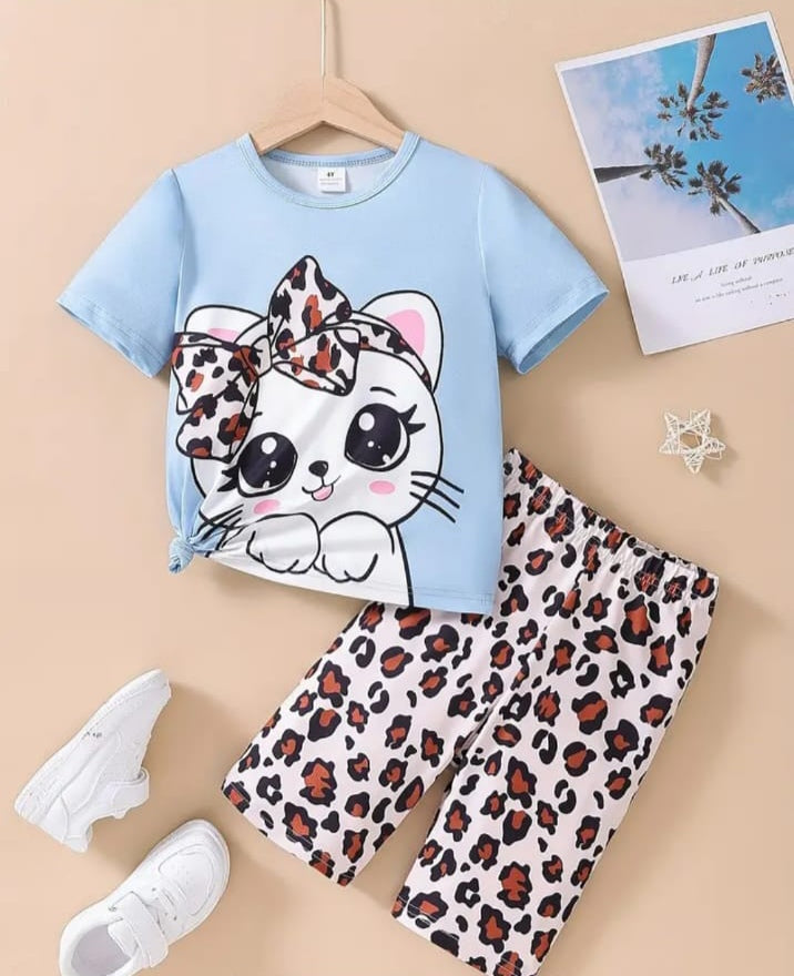 Sky Blue Cute Kitty Half Sleeves with Cheetha Pajama Printed The Ultimate Kids Sleep Suit (OM-376)