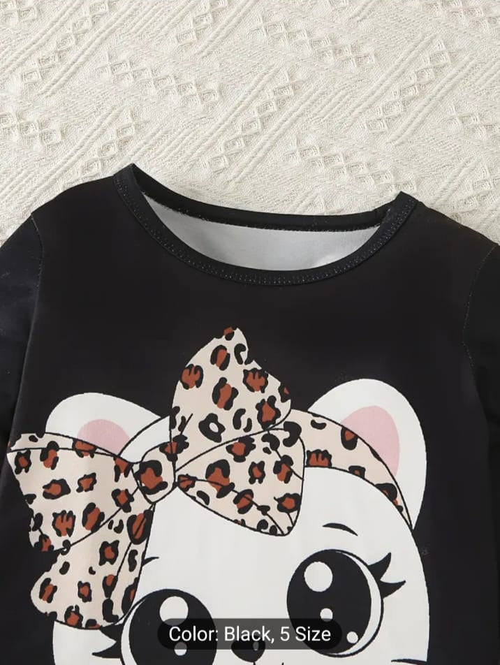 Black Cute Kitty with Cheetha Pajama Printed The Ultimate Kids Sleep Suit (OM-377)