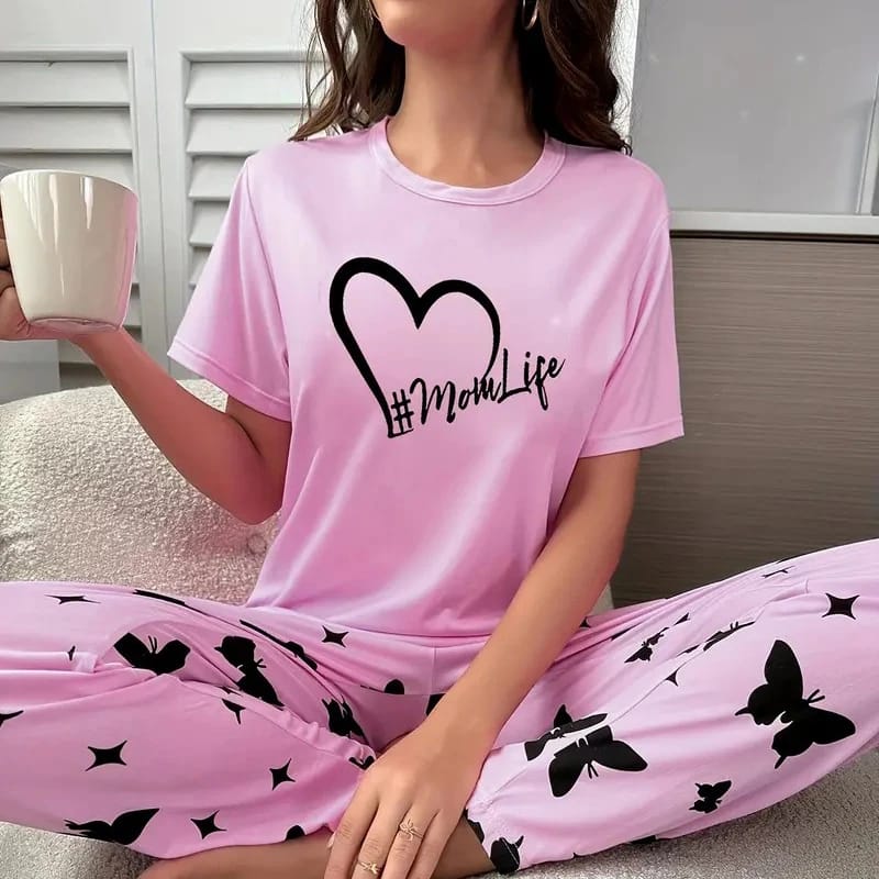 Pink Mom Life Printed Half Sleeves T-shirt With Printed Trouser Suit  (SP-48)