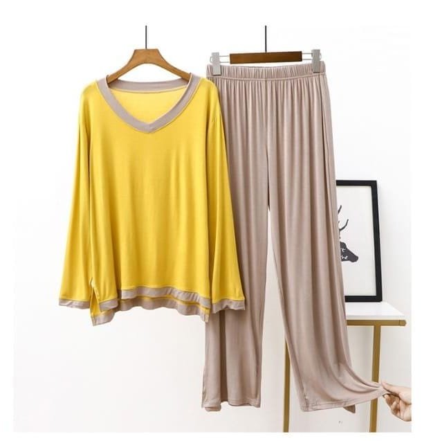 Yellow V Neck With Beige Trouser The Ultimate Dream Wear Sleep Suit (OM-136)