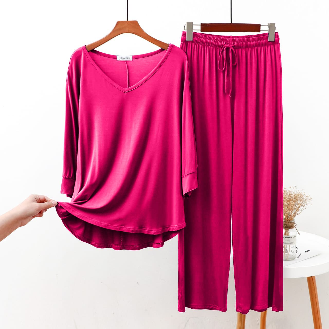 Shocking Pink V Neck with Palazzo Style The Ultimate Dream Wear Sleep Suit (OM-110)