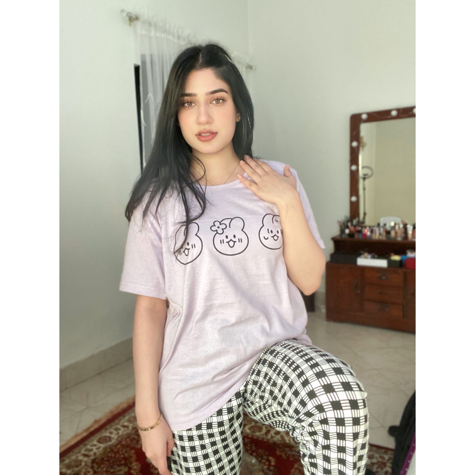 Light Purple Bear Print Half Sleeves T-shirt With Check Trouser Suit (SP-50)