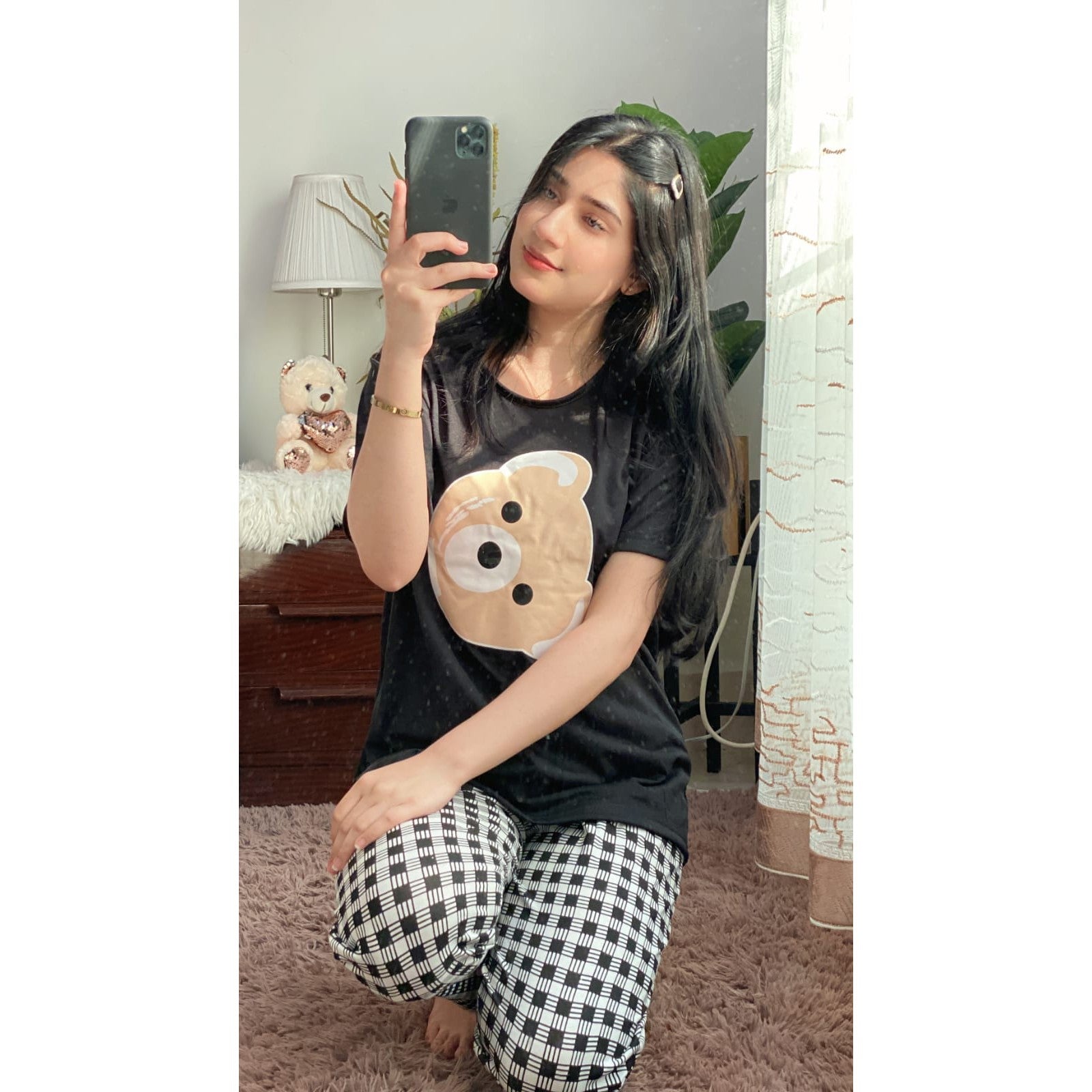 Black Bear Half Sleeves T-shirt With Check Printed Trouser Suit (SP-46)