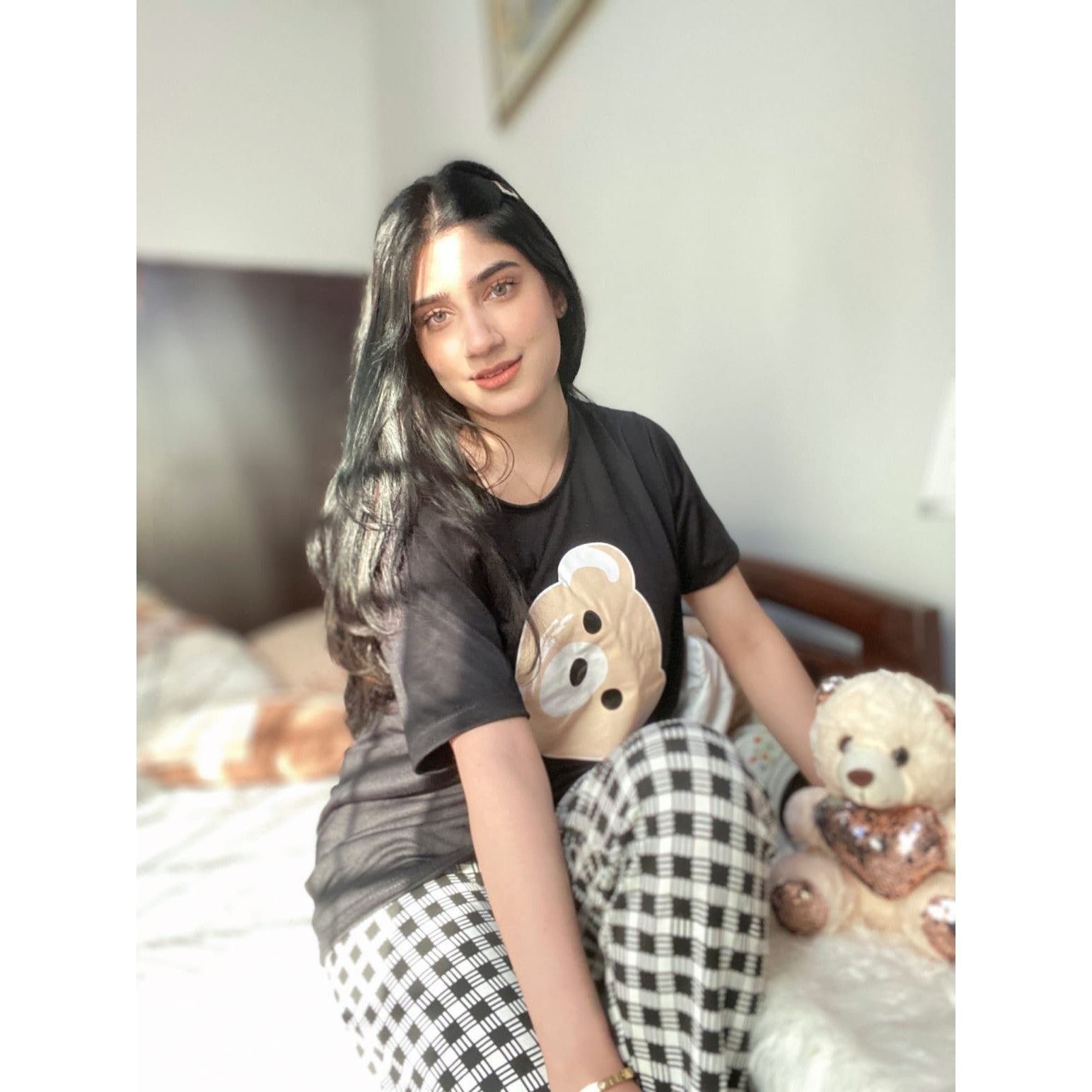 Black Bear Half Sleeves T-shirt With Check Printed Trouser Suit (SP-46)