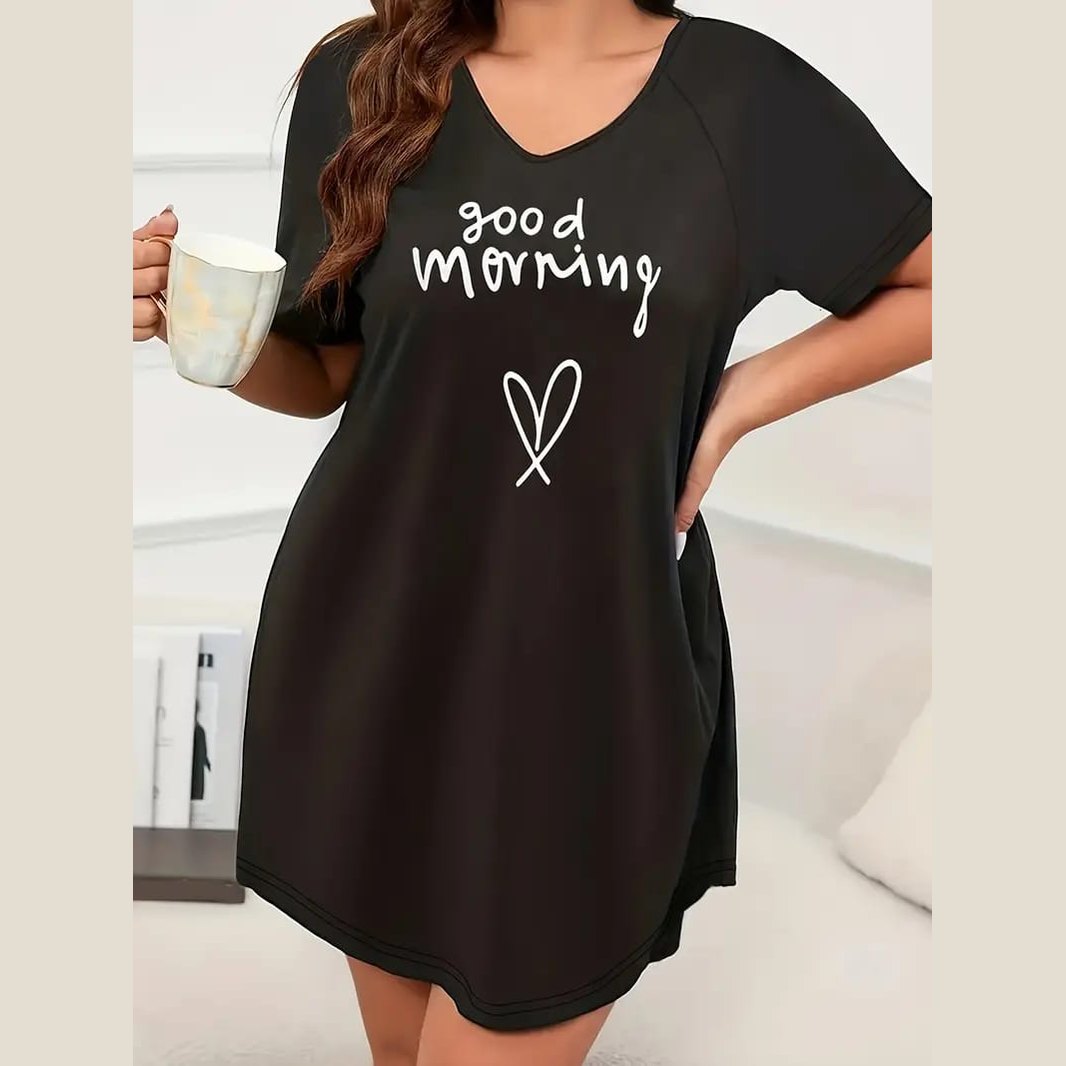 Black Good Morning Print Long Shirt For (OM-1108)