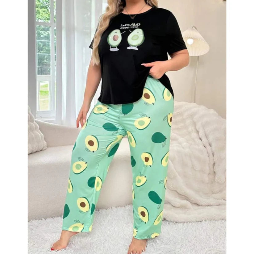 Black Avacado Print Shirt With Green Avacado Printed Trouser The Ultimate Dream Wear Sleep Suit (OM-96)