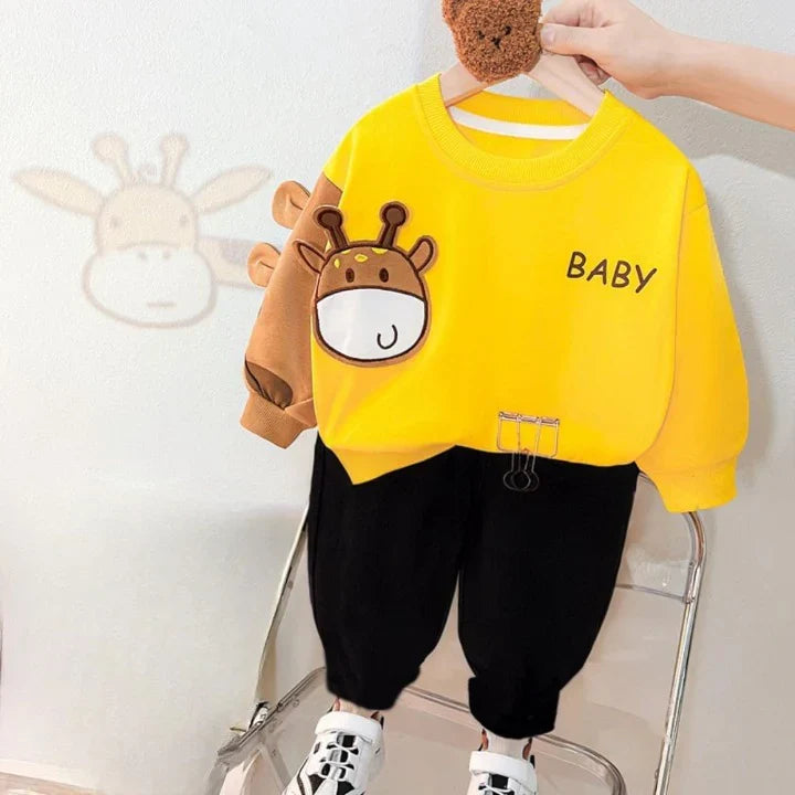 Yellow Small Baby Dragon Sweatshirt with Black Trousers Tracksuit For Kids (OM-626)