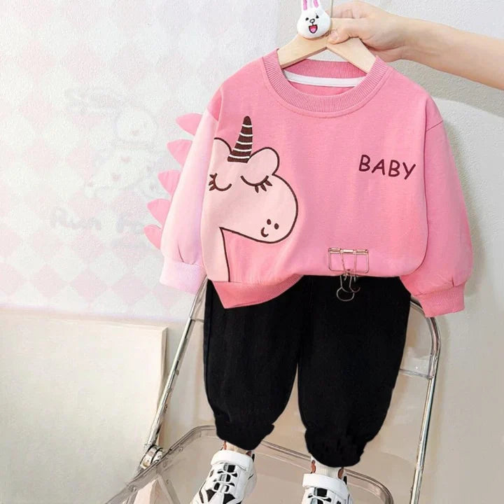 Baby Pink Unicorn Printed Sweatshirt with black trousers Tracksuit For Kids (OM-629)