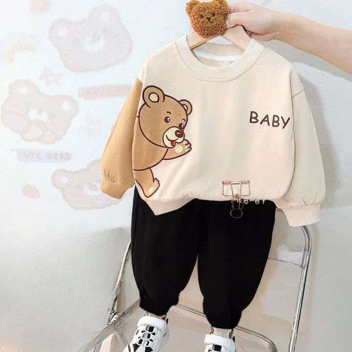 Off White Cute Bear Printed Sweatshirt with Black Trousers Tracksuit For Kids (OM-628)