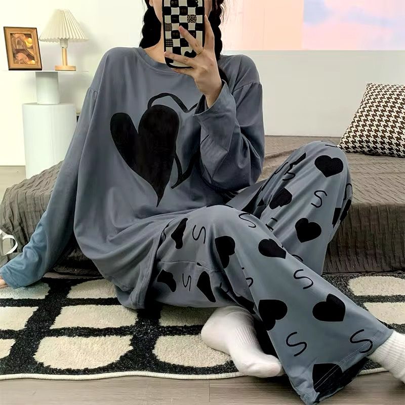 Grey Dual Heart Priinted Full Sleeves The Ultimate Dream Wear Sleep Suit (OM-104)