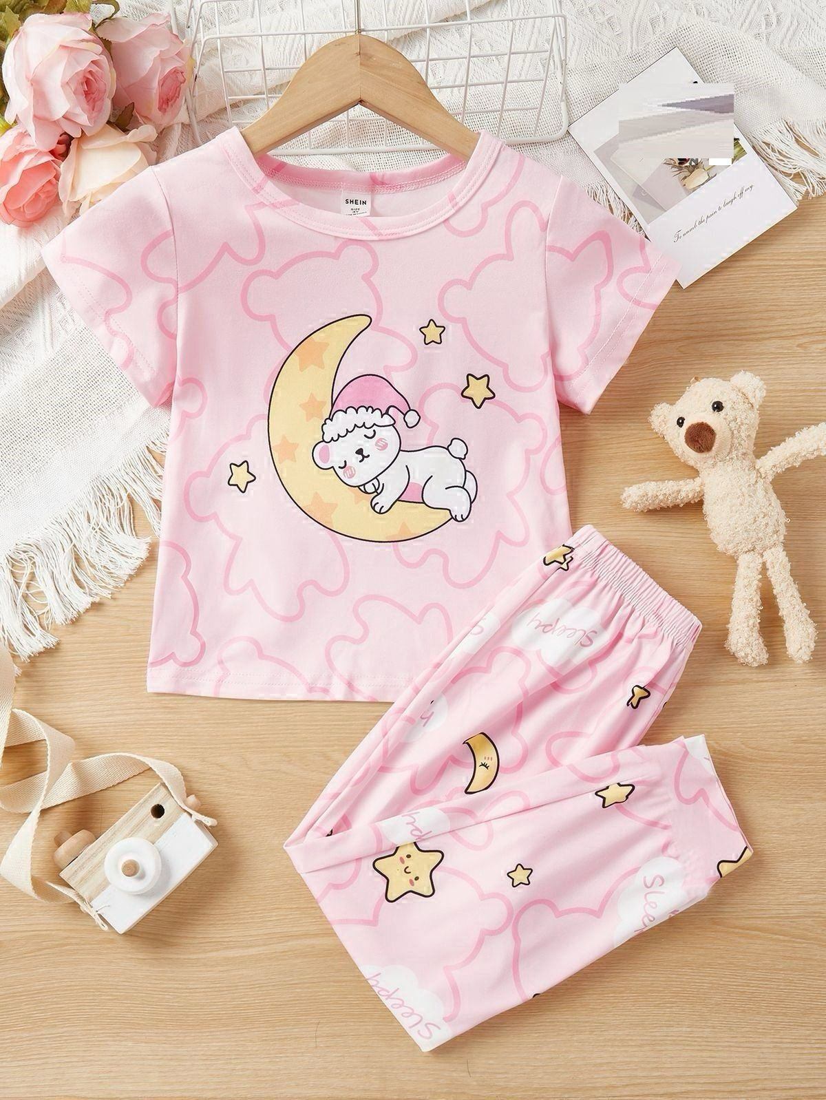Baby Pink Moon Bear Printed Half Sleeves T-shirt with Moon Star Printed Pajama The Ultimate Kids Sleep Suit (OM-383)