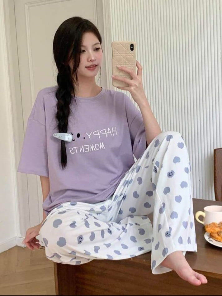 Lilac Happy Moments Printed T.shirt with Hearts Printed Trouser Dream Wear Sleep Suit (OM-125)